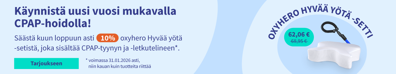 Alennuksella oxyhero Hyvää yötä -setistä, joka sisältää CPAP-tyynyn ja -letkutelineen 04