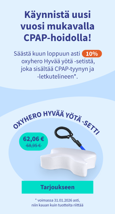 Alennuksella oxyhero Hyvää yötä -setistä, joka sisältää CPAP-tyynyn ja -letkutelineen 03