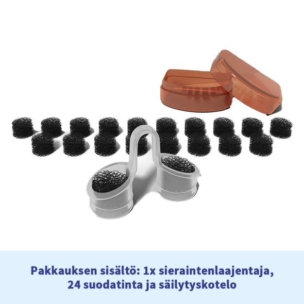 somnipax pure pakkauksen sisalto 1x sieraintenlaajentaja 24 suodatinta ja sailytyskotelo